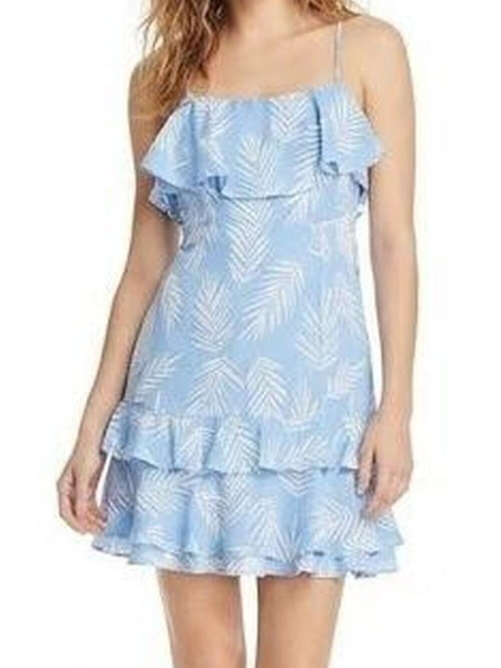 AQUA Ruffled Palm Print Dress, medium, blue
